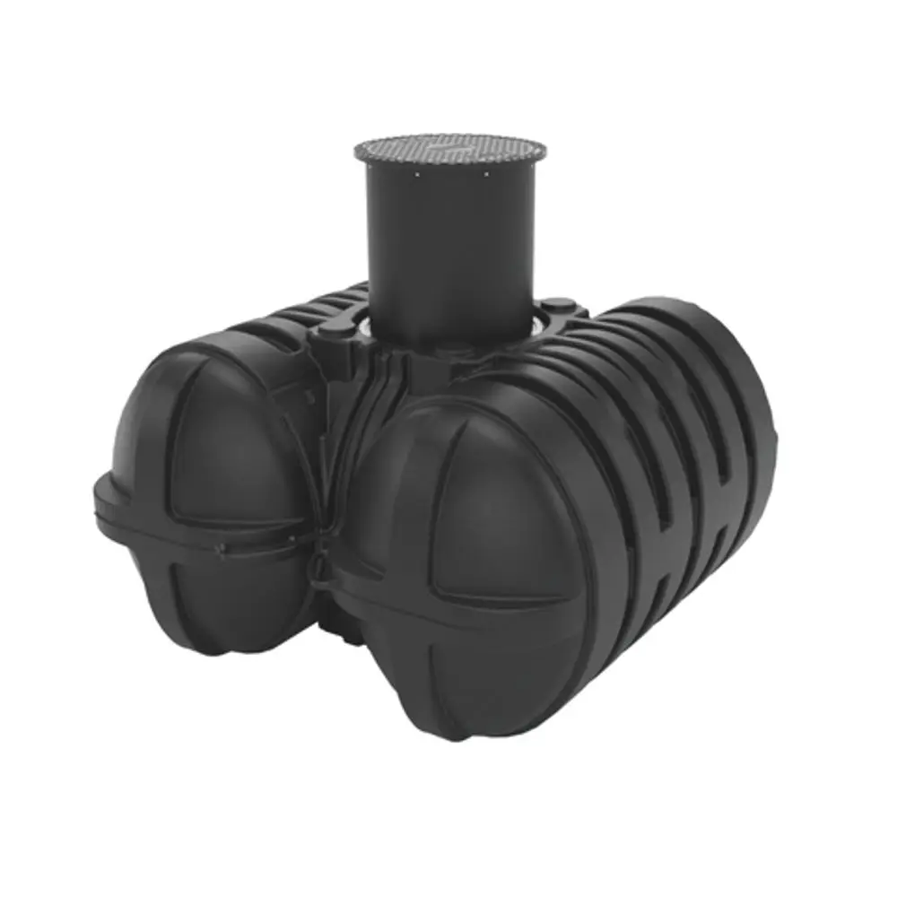 Schwarzer Behälter mit zwei akzentuierten Kuppeln und einem zentralen Schacht. Der Grundbehälter von Roth ist für die Wasserfiltration konzipiert.